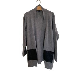 Eileen Fisher Cashmere Wool Shawl Collared Cardigan w/Leather Pockets Medium